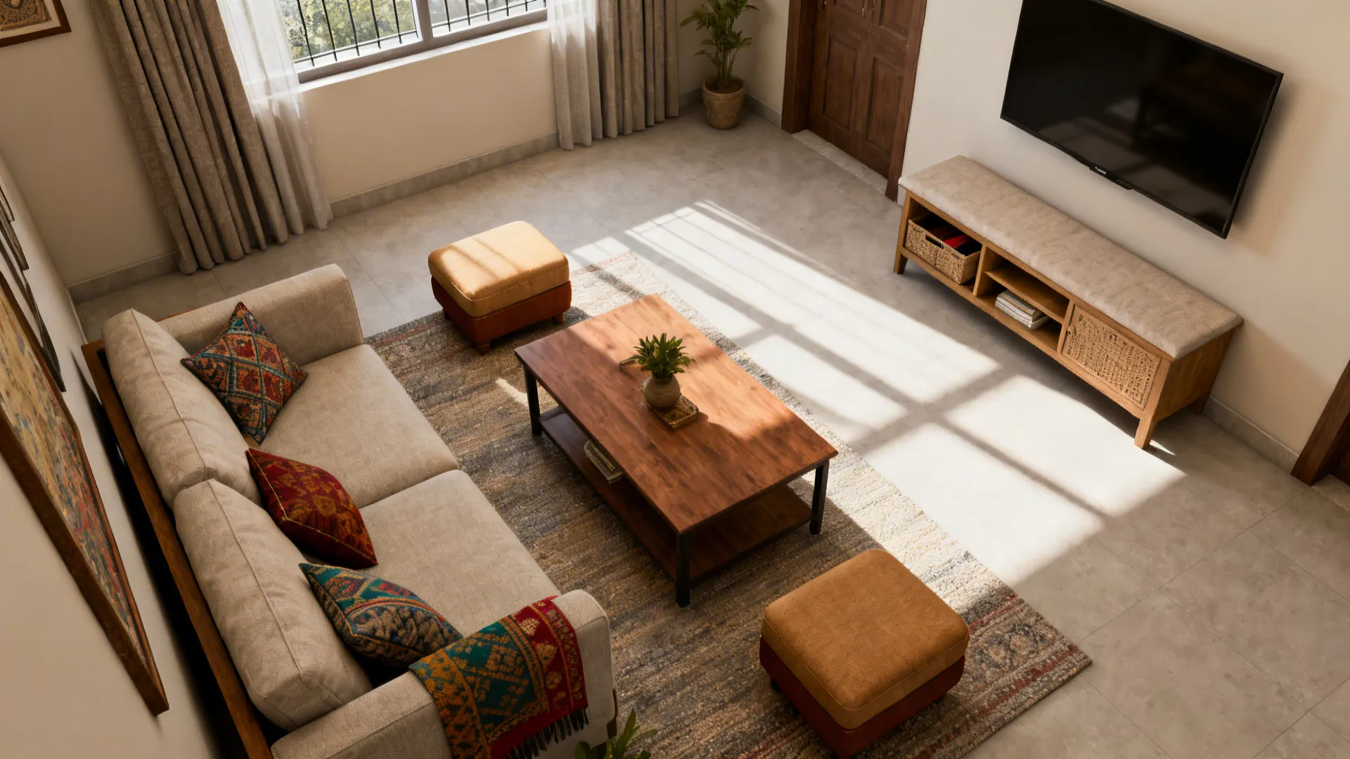 Top-down layout showing sofa, bench, ottomans, and clear circulation around the coffee table.