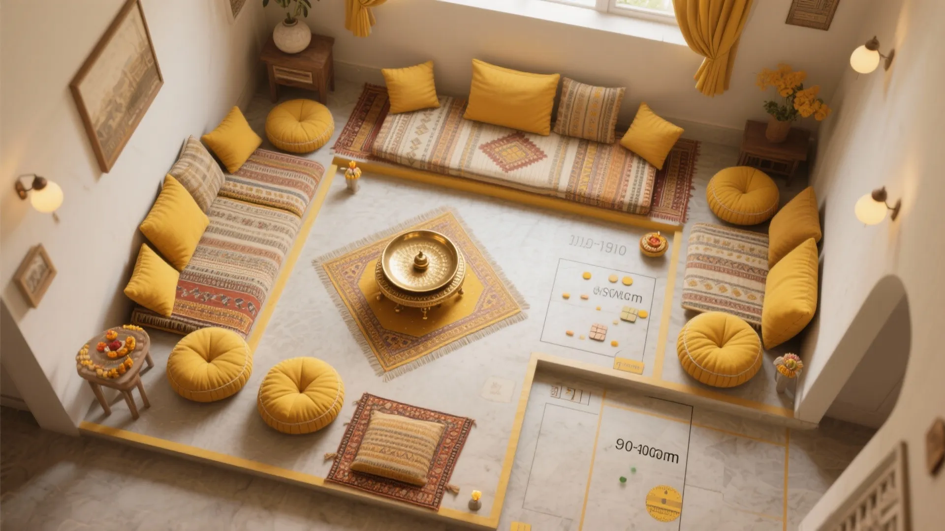 Low seating with layered textiles