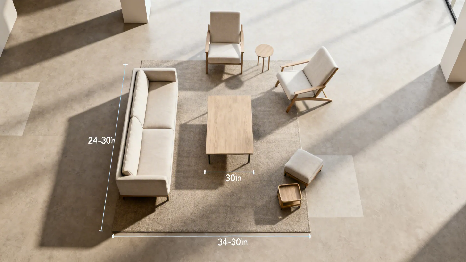 Top-down view of a TV-free living room with U-shaped seating and clear pathways.