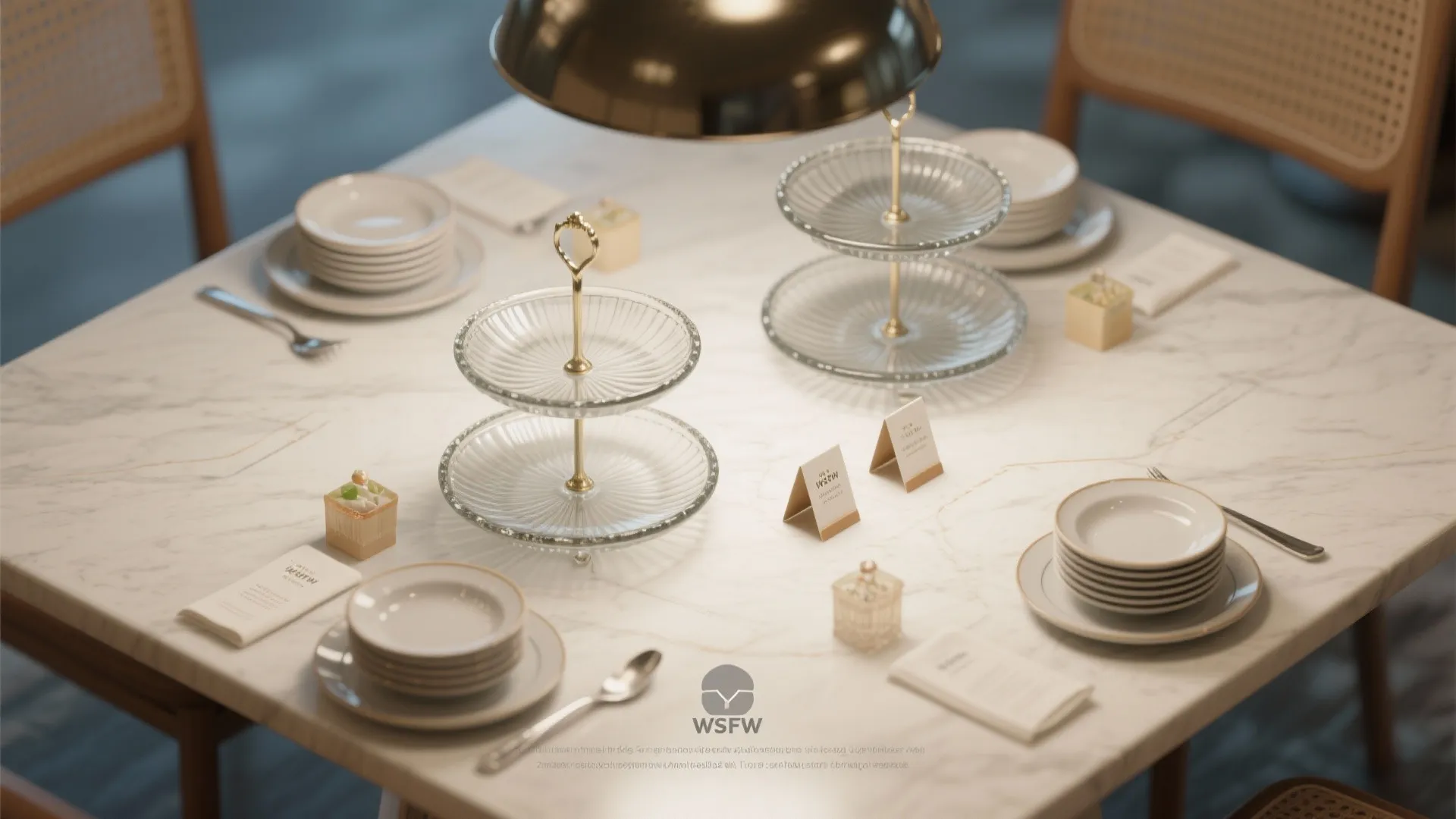 Marble dining table set with tiered glass stands white plates napkins and large ceiling light