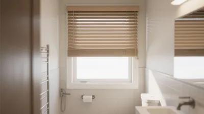 Serene Bathroom with Wood Blinds and Natural Light