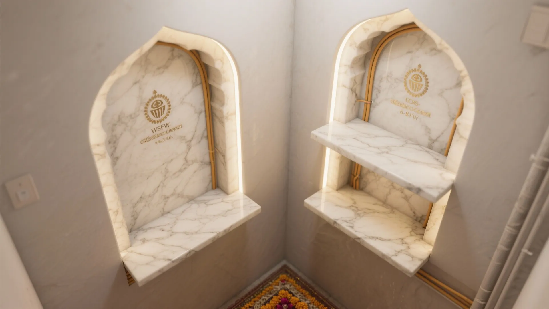 Top-down view showing floating marble shelves with concealed LED placement.