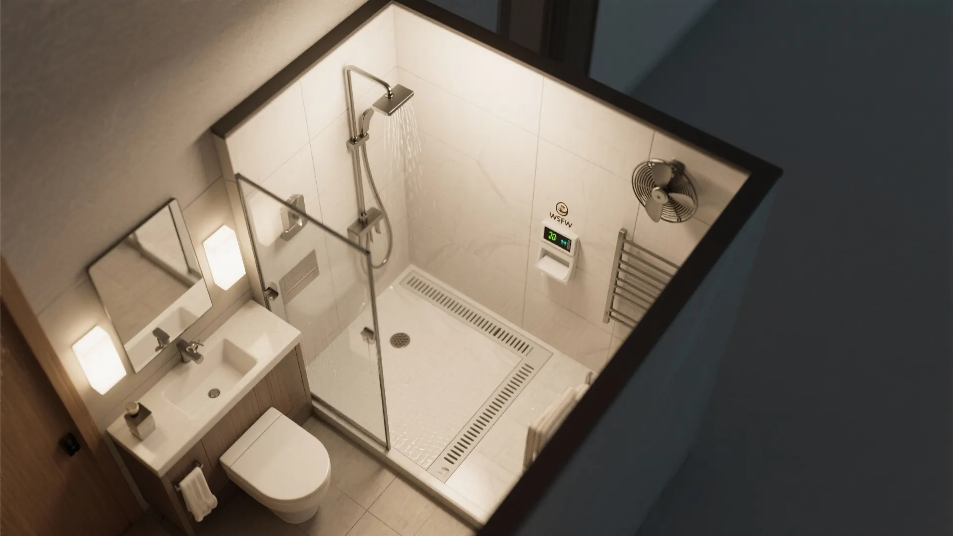 Top-down interior design drawing showing small bathroom with shower area toilet sink and wall fan