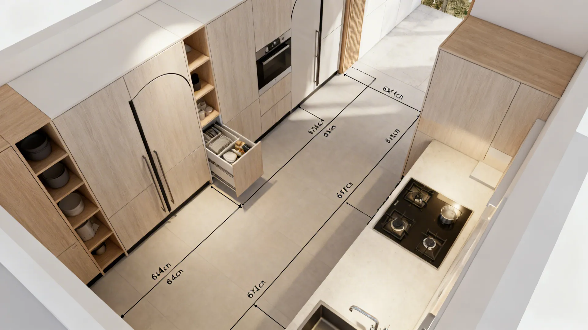 Top-down view showing cabinet clearances and walkway in a 6x4 galley kitchen.