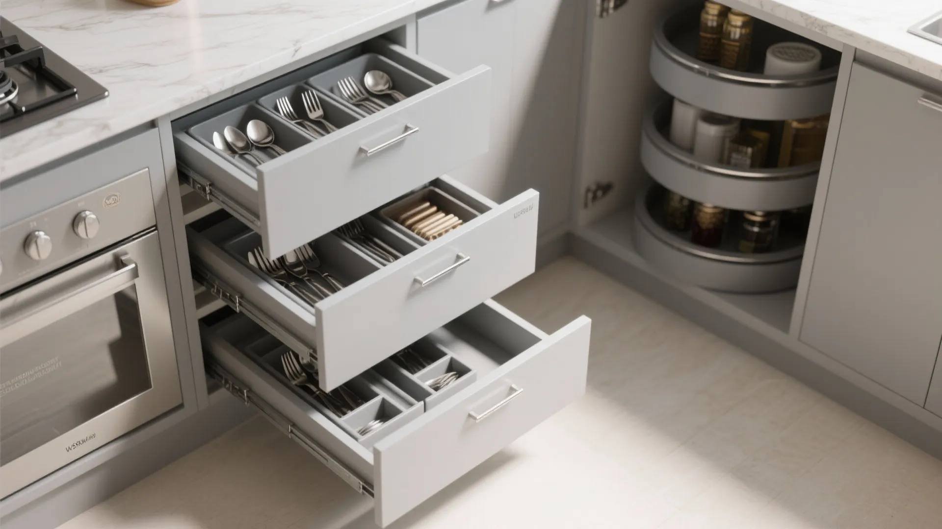 Modern kitchen with three open storage drawers for silverware next to rotating corner cabinet shelves