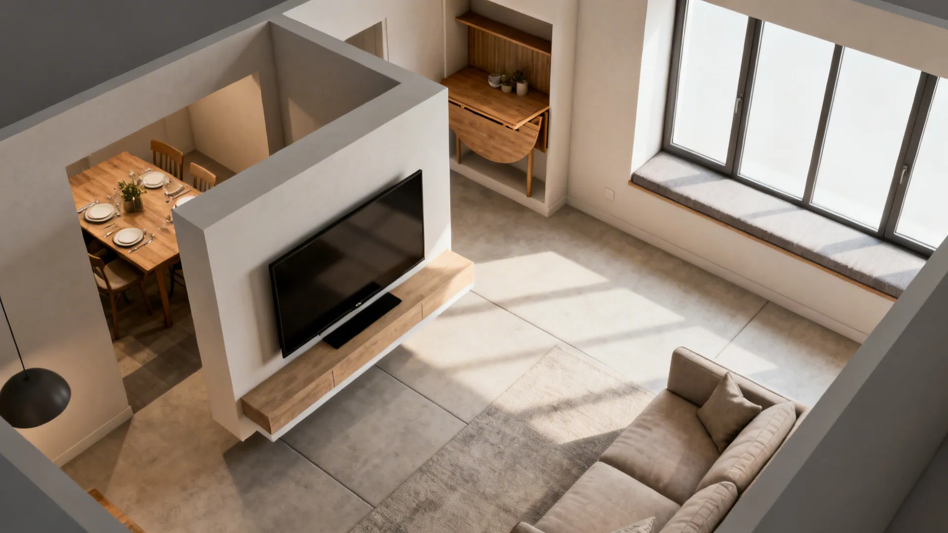 Modern living room interior design drawing showing television mounted on wall niche with sofa window