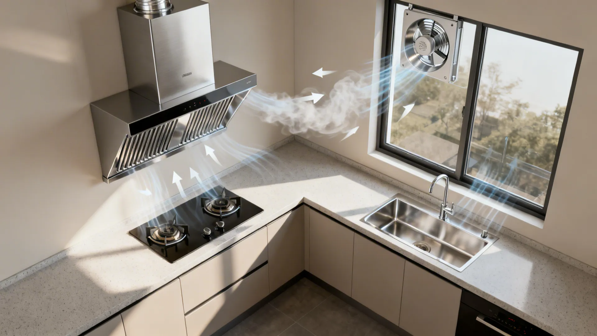 Top-down view of cooktop, hood, and aligned window fan showing airflow path.