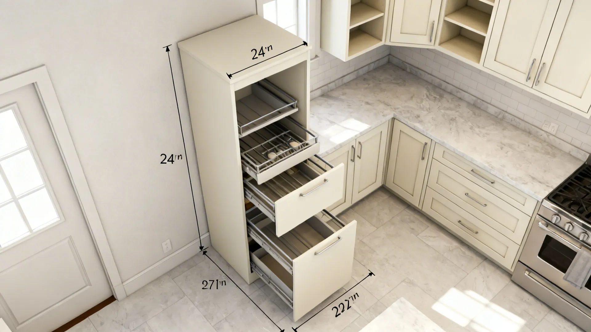 Top-down view of a compact kitchen plan with a tall pantry and overhead storage clearances.