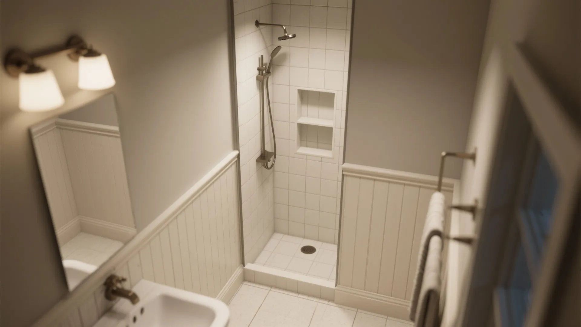 High angle bathroom view with white wall panel, shower area, wall light, mirror, and sink