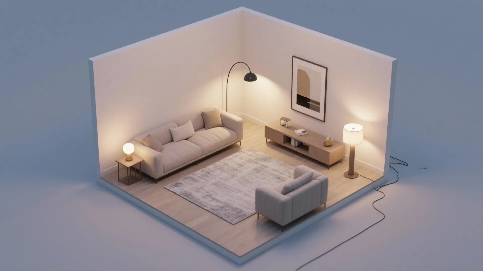 2) Wall-Hugging Layout with Layered Lighting