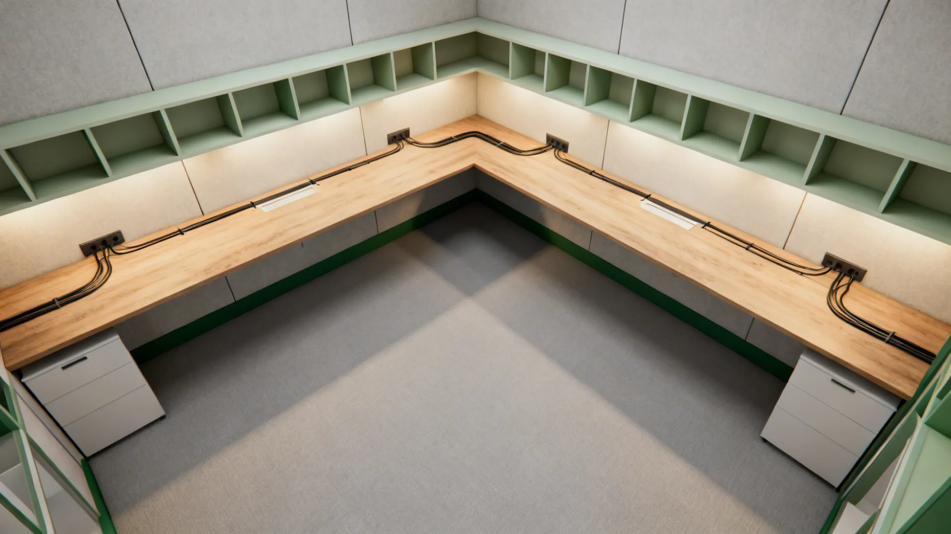 Top-down 10x10 office plan with wall-mounted desk, slim shelves, and clear center aisle.