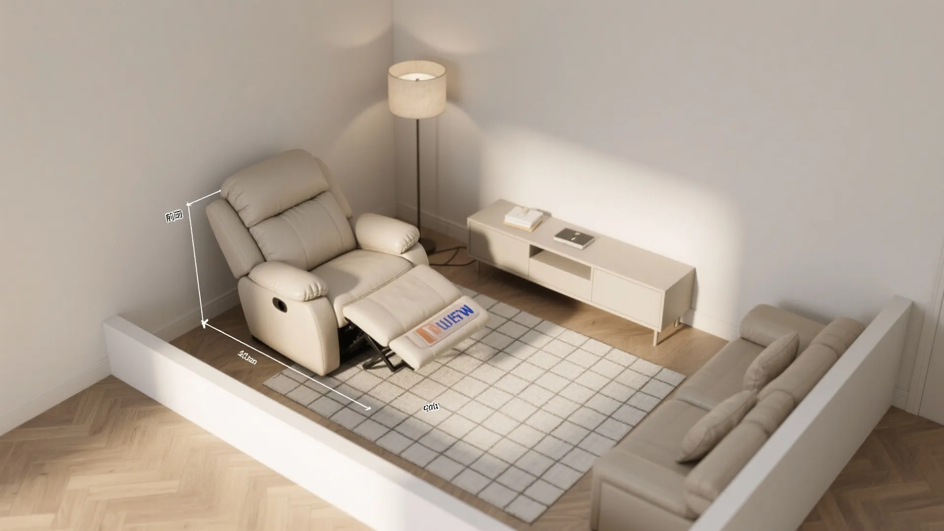 Top-down view showing wall-hugger recliner footprints and preserved walkway in a small living room.