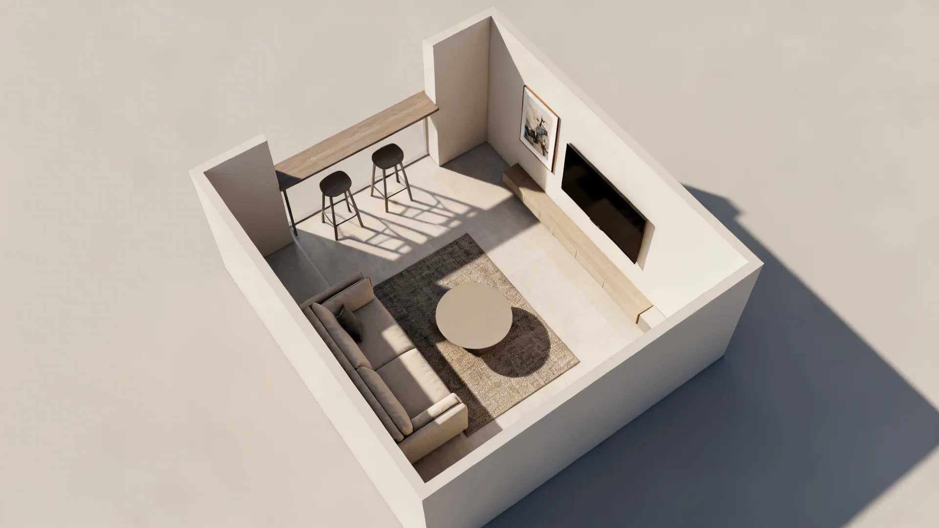 Top-down view of a 10x16 living room with a sofa and slim workbar behind it.