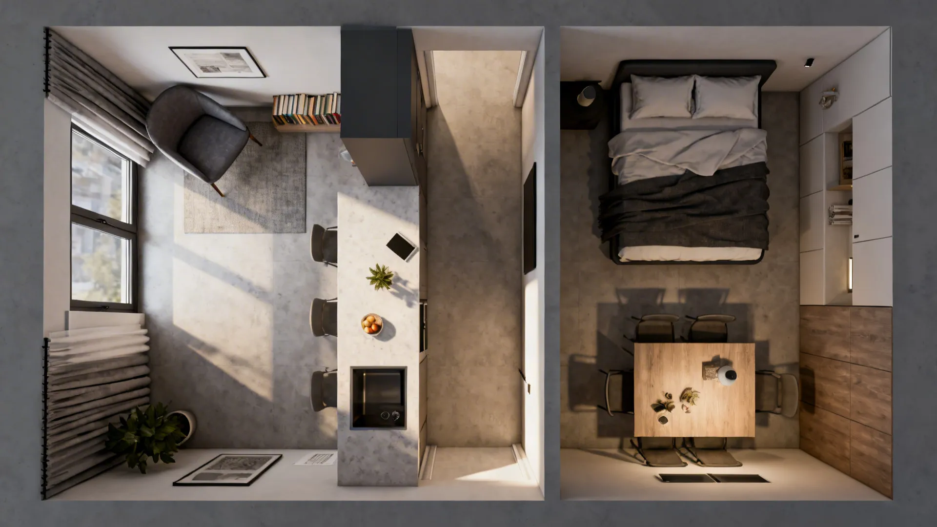 Top-down view of a small apartment showing circulation corridor and distinct micro-zones for living and sleeping.