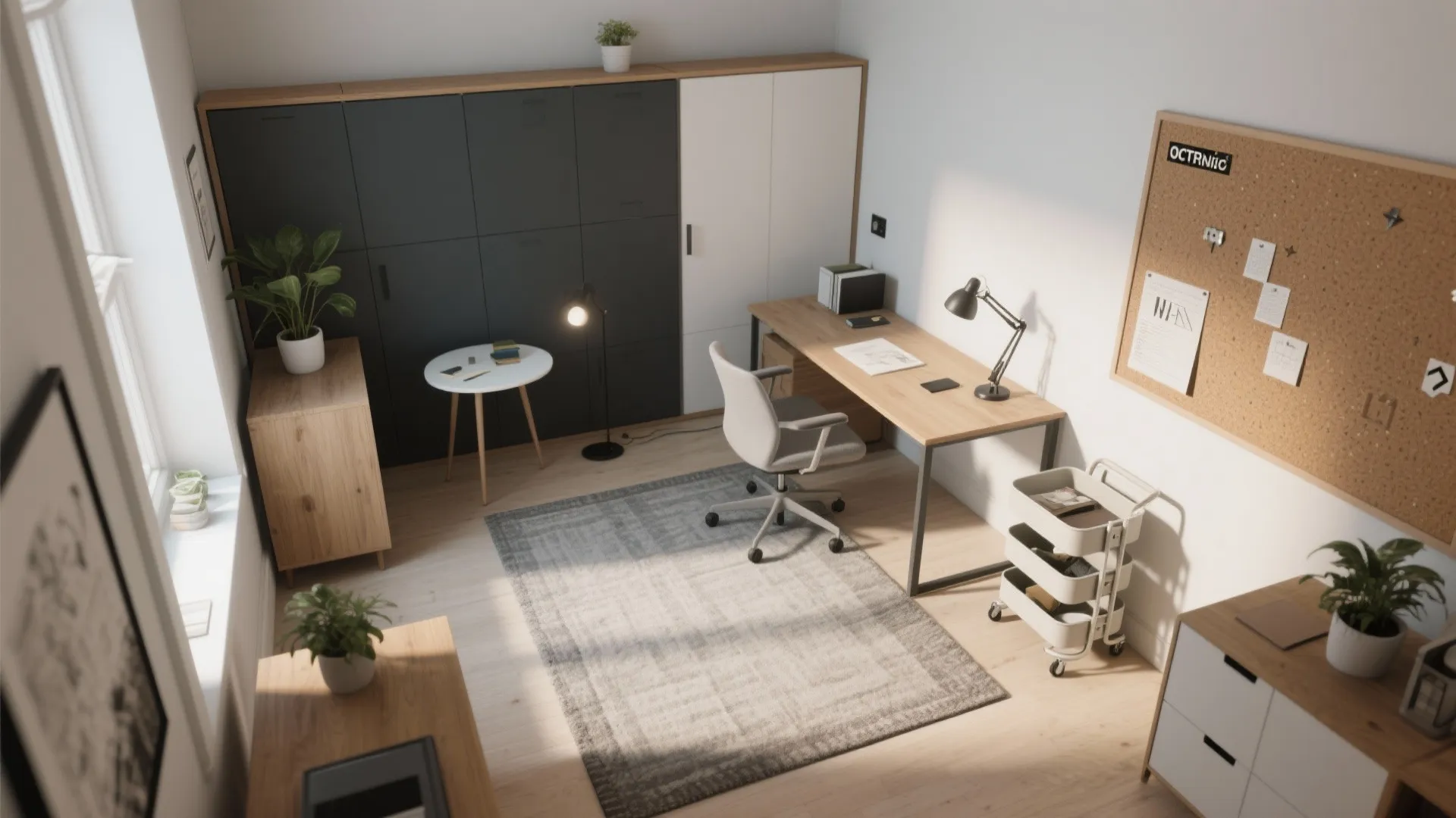 Functional home office layout with wooden desk grey chair grey rug and black storage cabinets