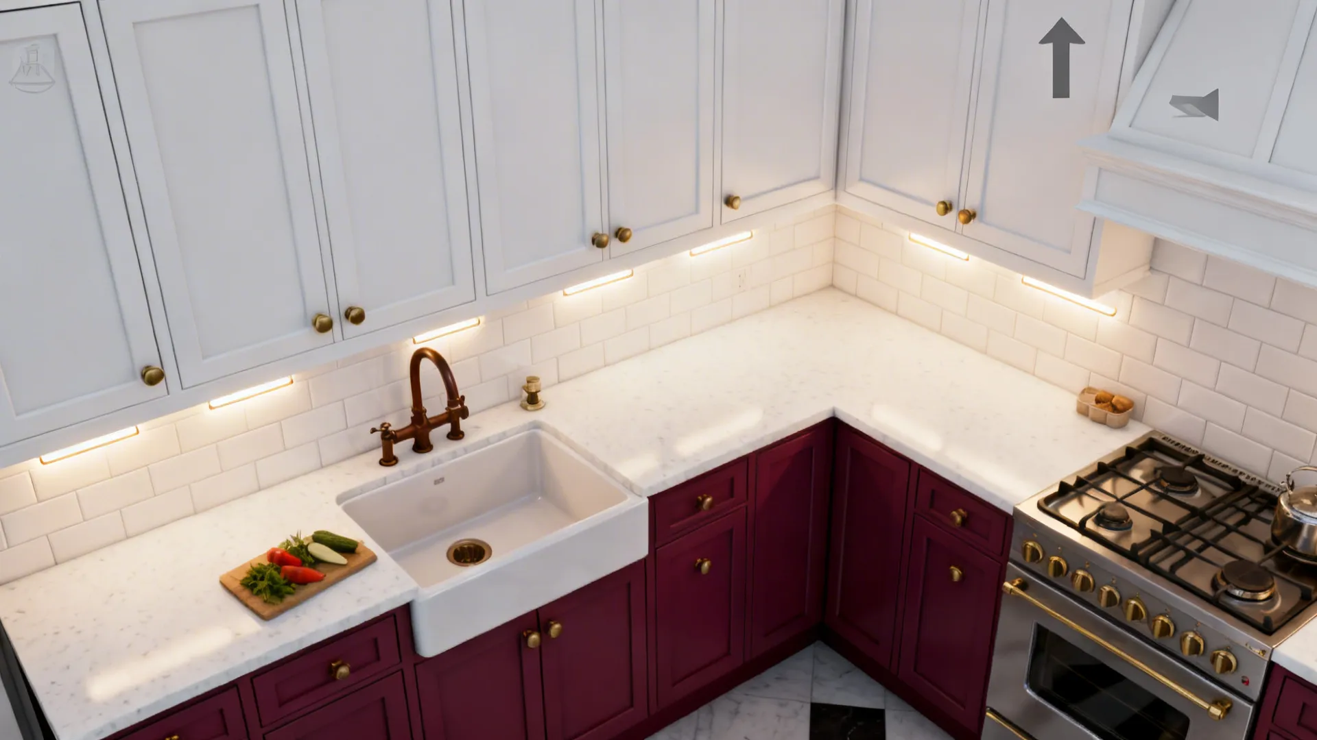 Top-down view of a small burgundy-and-white kitchen showing sink, prep, and cook zones with layered lighting.