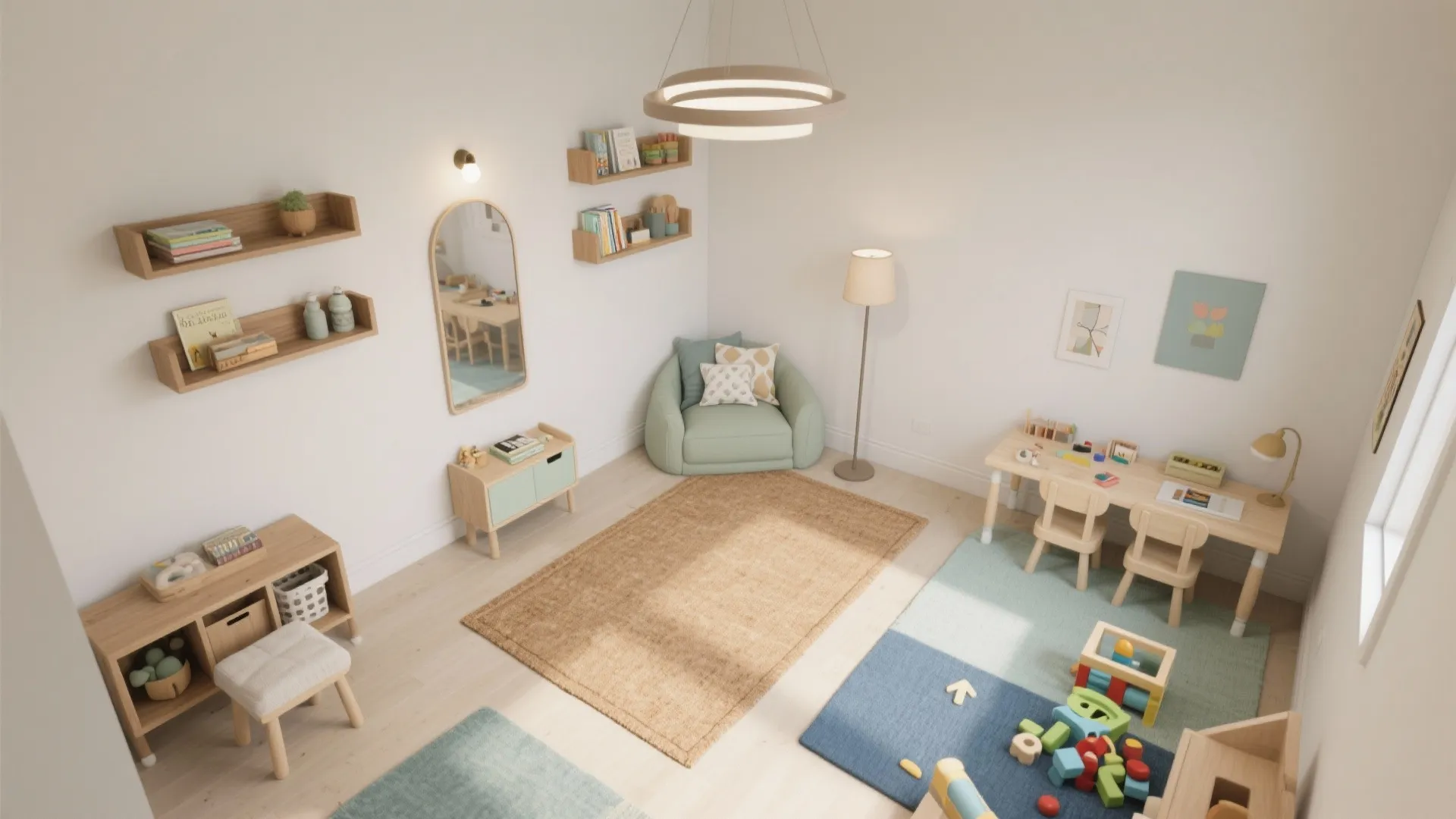 Interior design drawing of children room layout with reading chair wooden desk and colorful rugs