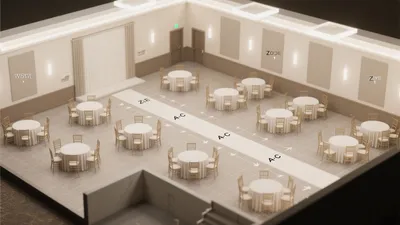 Spacious Event Hall Layout with Round Tables & Zoned Walkways