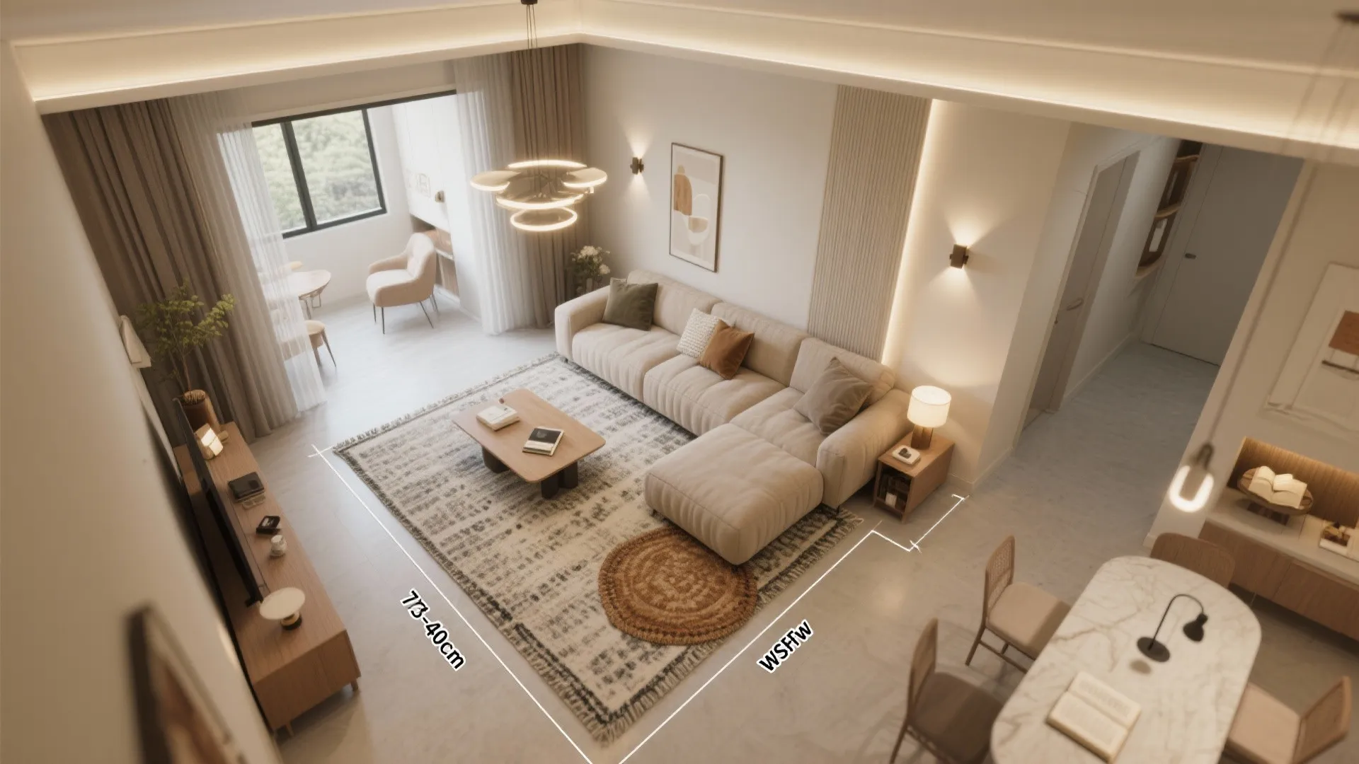 Interior design drawing showing a top down view of a living room with labeled measurements