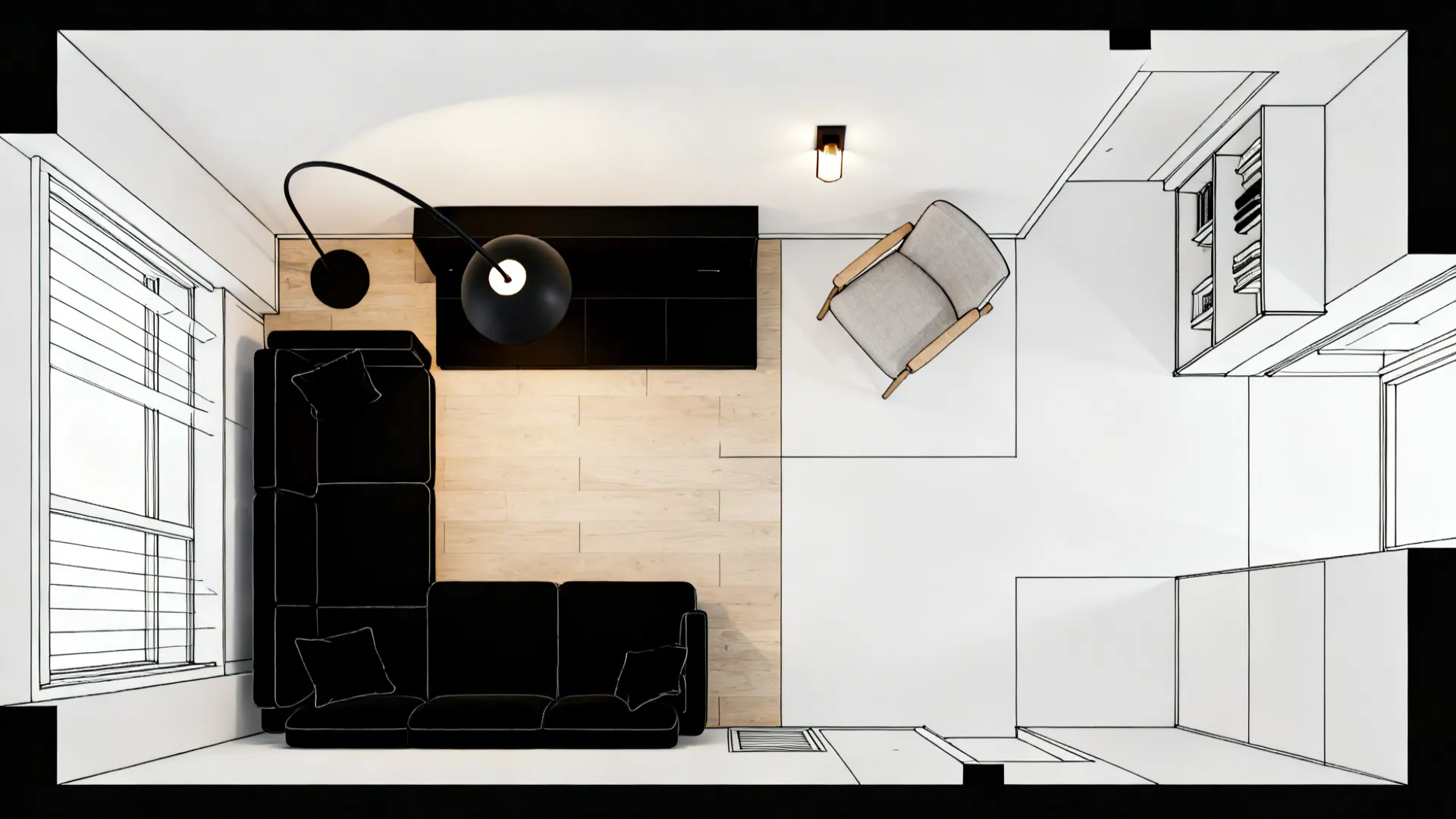 Top-down view illustrating lounge and reading zones with arc lamp, sconce, and slim shelving.
