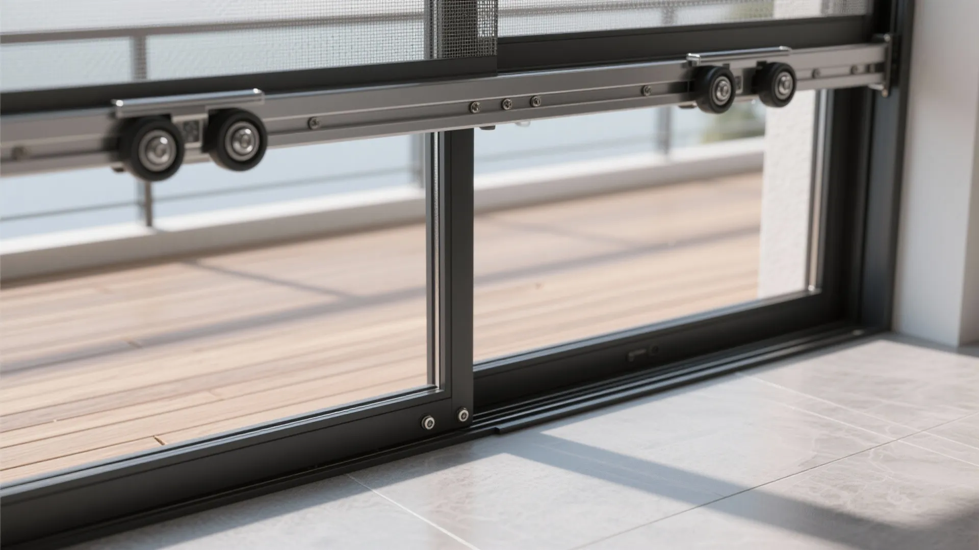 Close up view of the metal rollers and track system for a modern sliding door