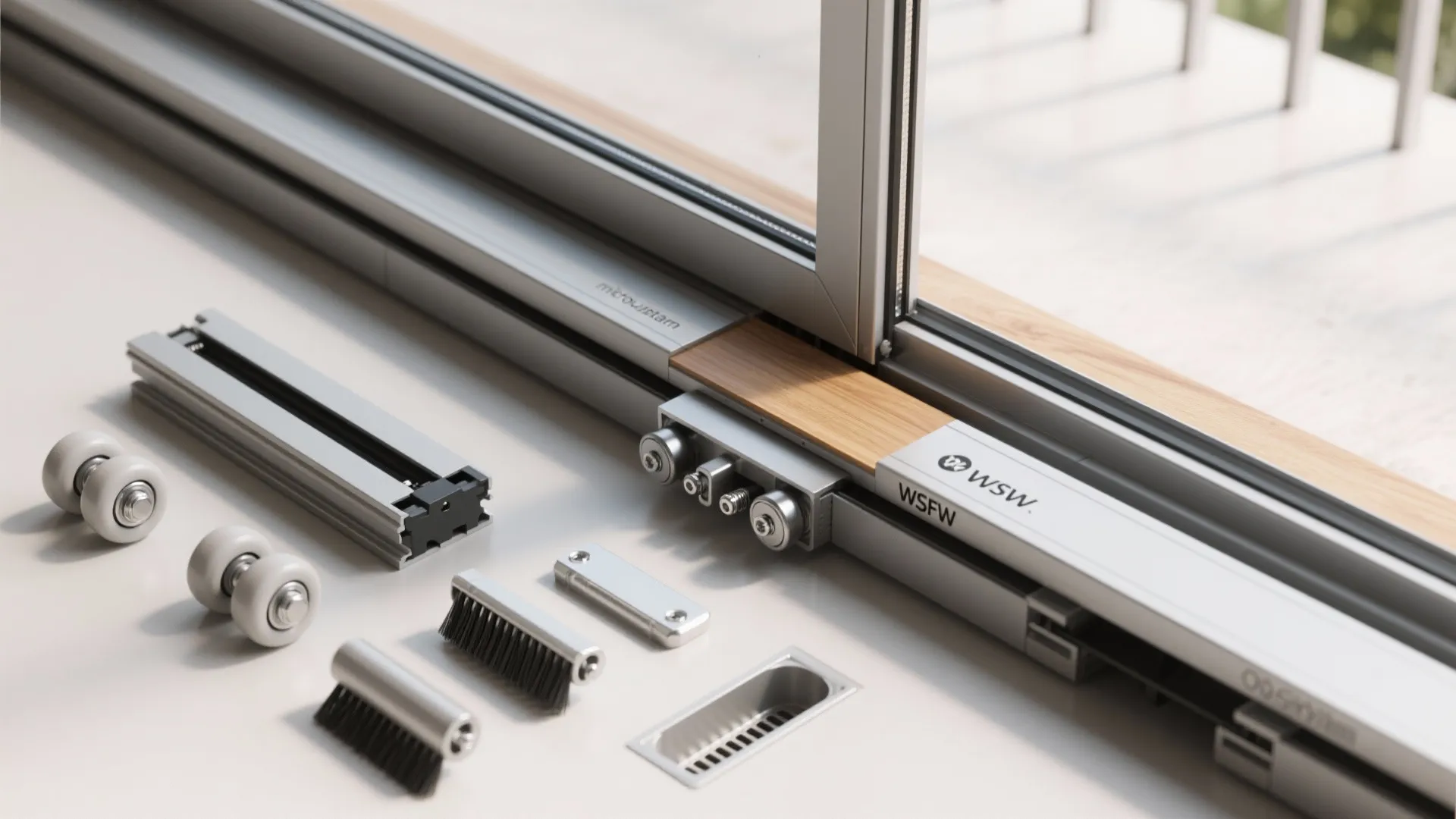 Close up of sliding door hardware components including metal tracks rollers and small cleaning brushes