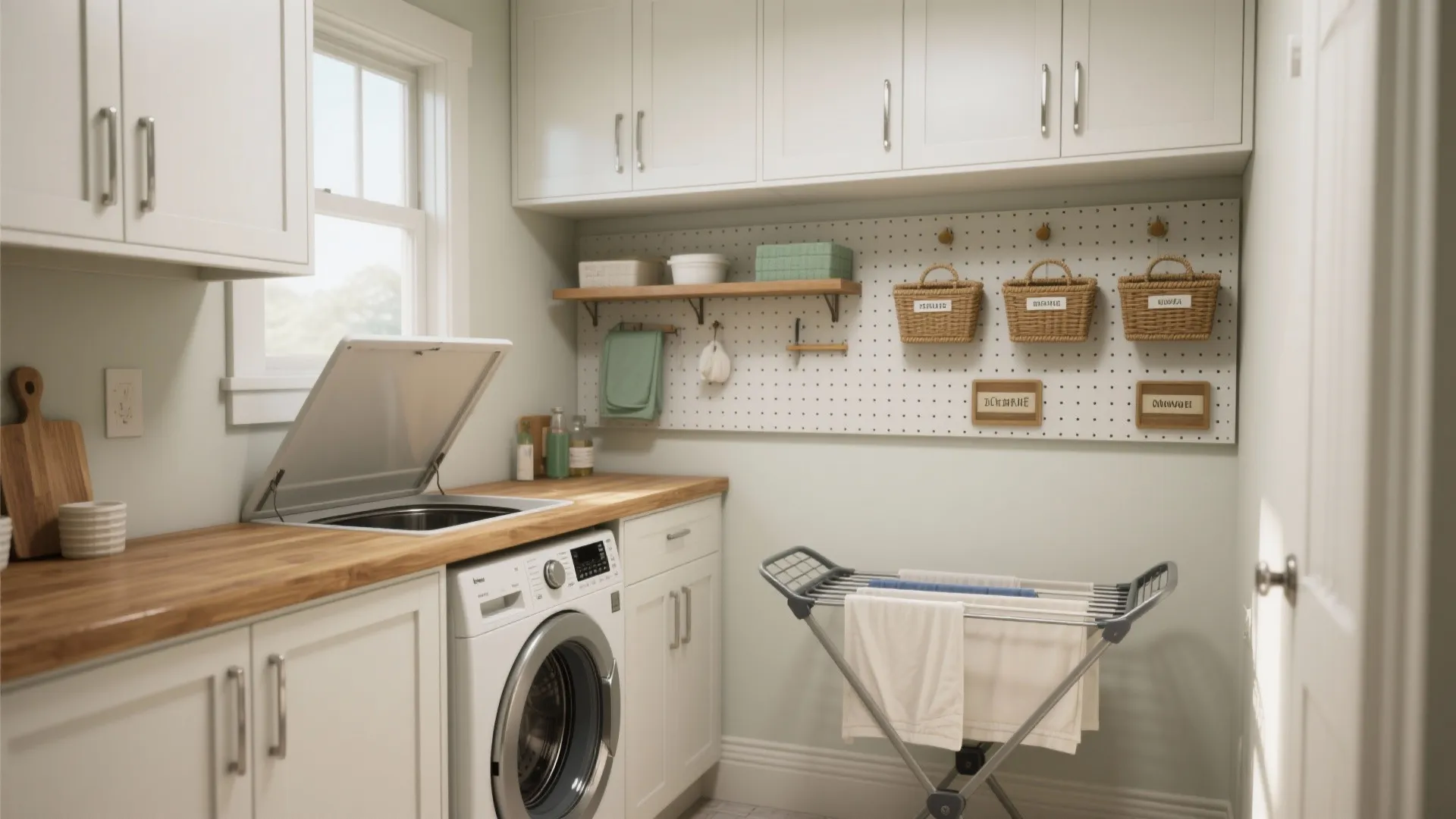Modern laundry room with washing machine wood countertop drying rack white cabinets and organized pegboard