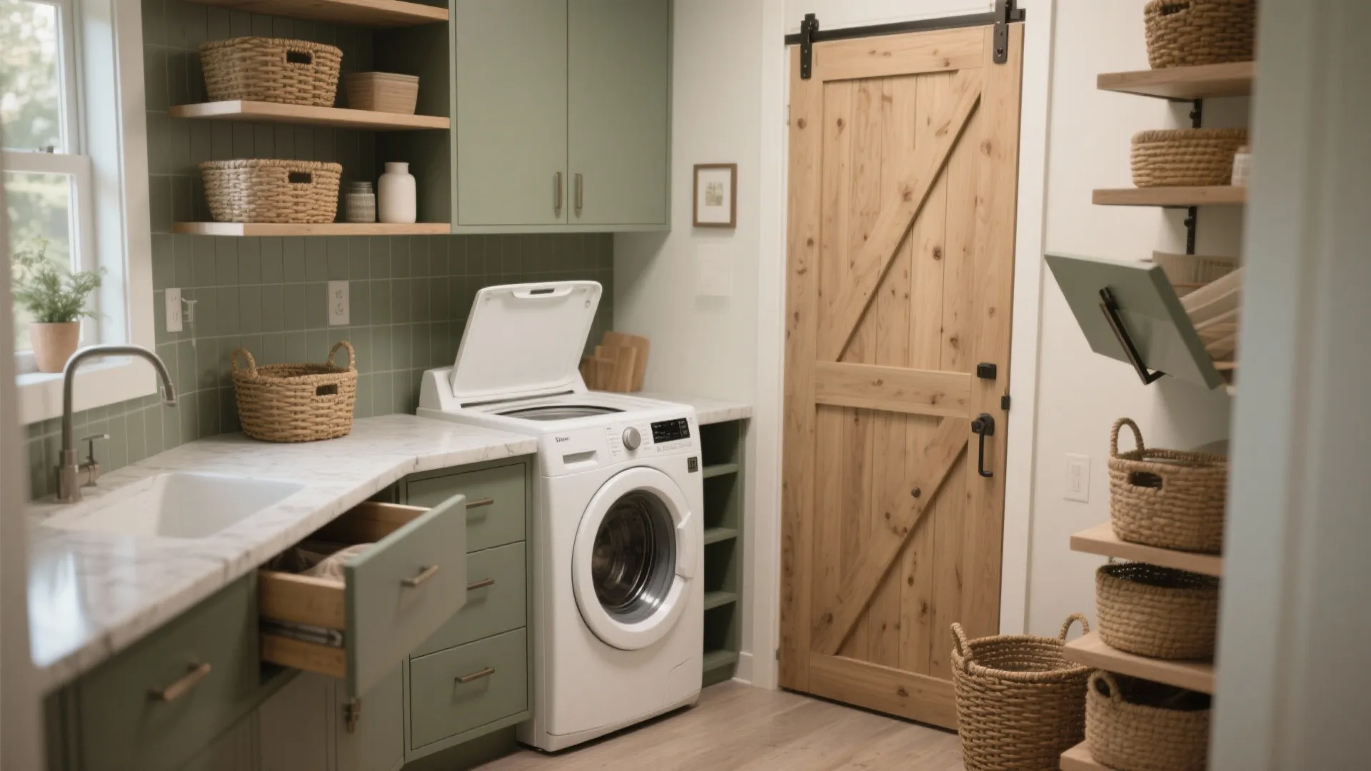 Modern laundry room with green cabinets white washing machine wooden sliding door and several woven baskets