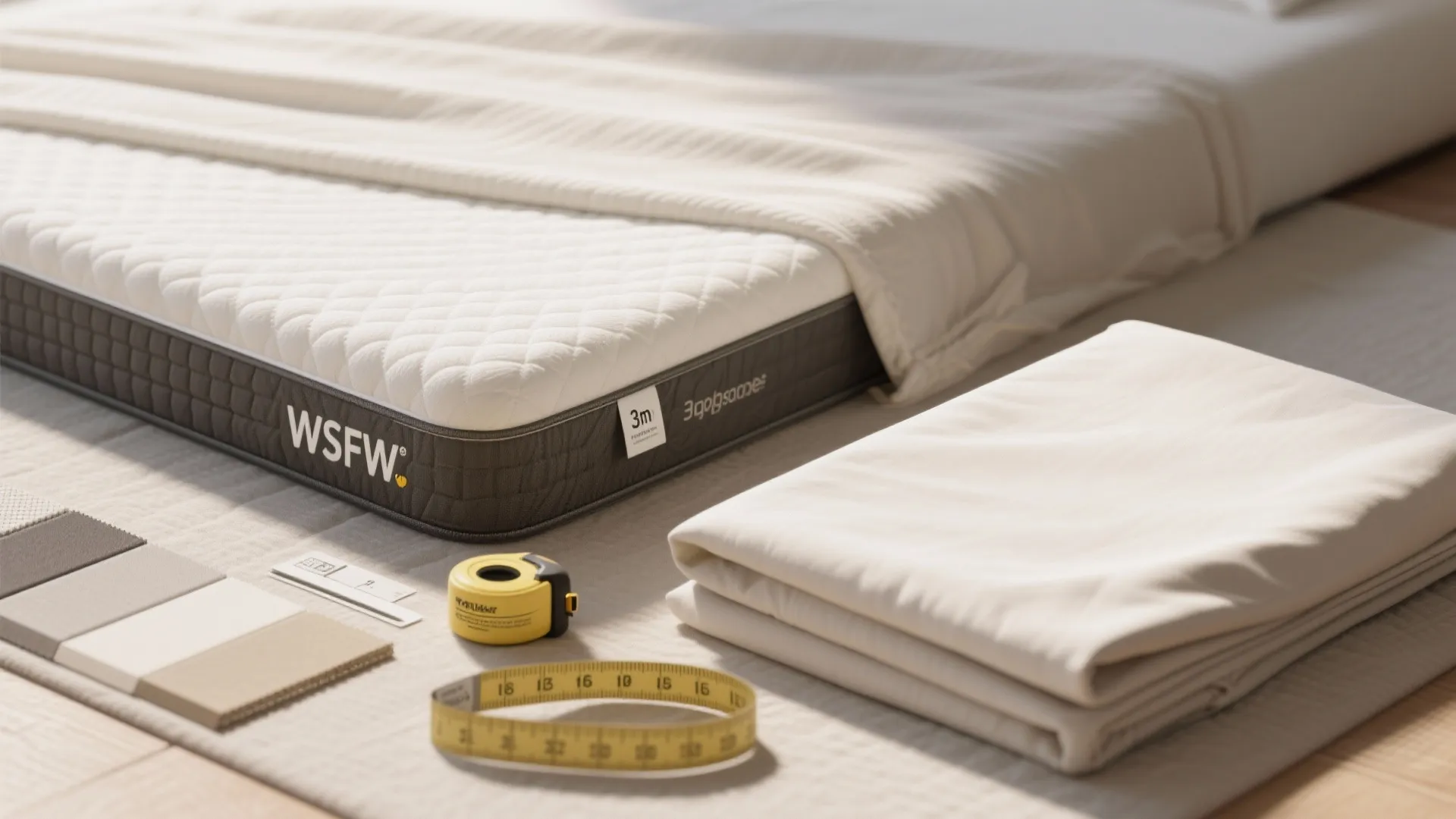 White mattress topper on floor with folded sheets color samples and yellow measuring tape nearby