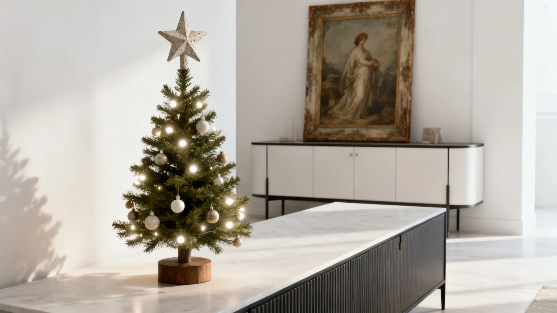 Tabletop tree with a sculptural star topper and sparse ornaments in a modern interior