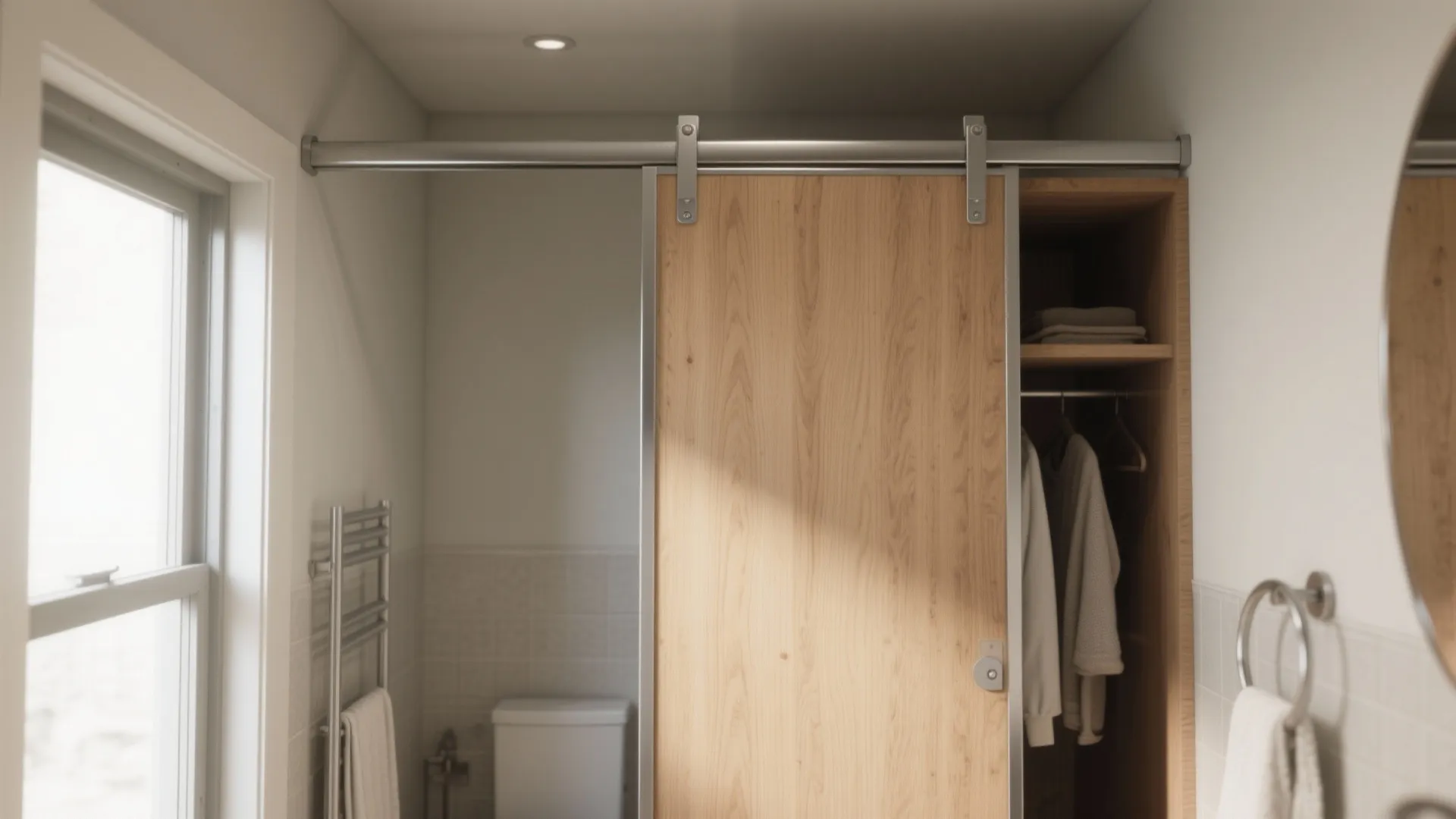 Modern bathroom with a wooden sliding door hanging on a metal track near the open closet