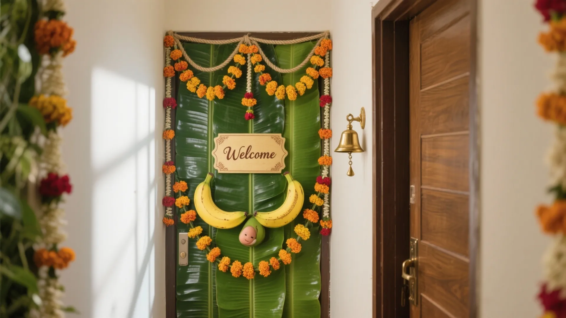 1) Toran + Banana Leaf Entry With Marathi Calligraphy