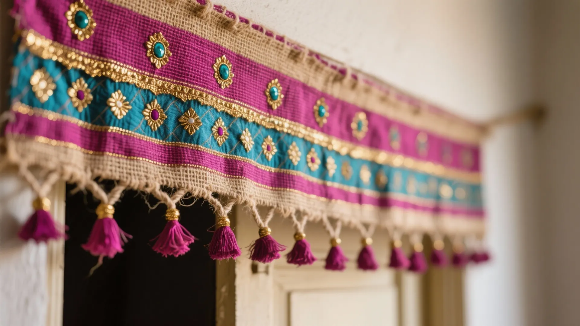 Colorful purple and blue curtain with gold patterns and small pink hanging tassels on door
