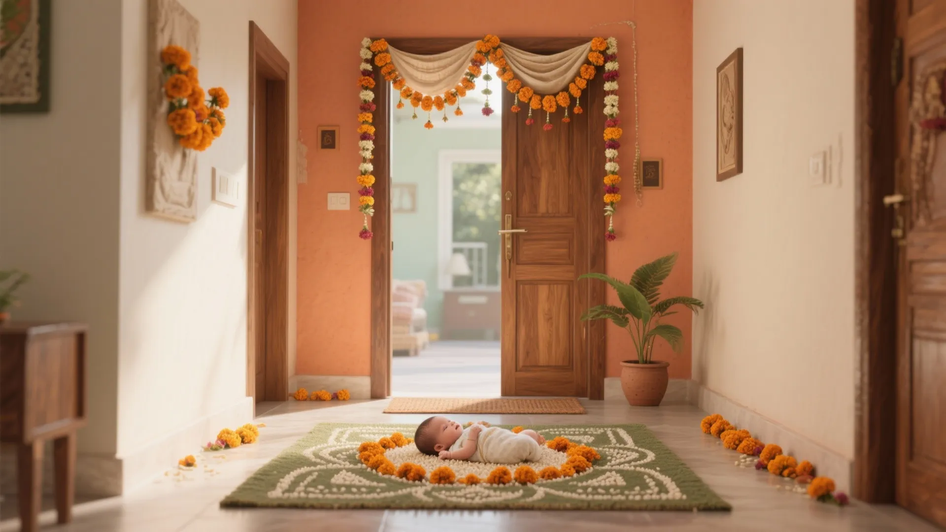 Baby-Safe Toran & Rangoli at the Entry