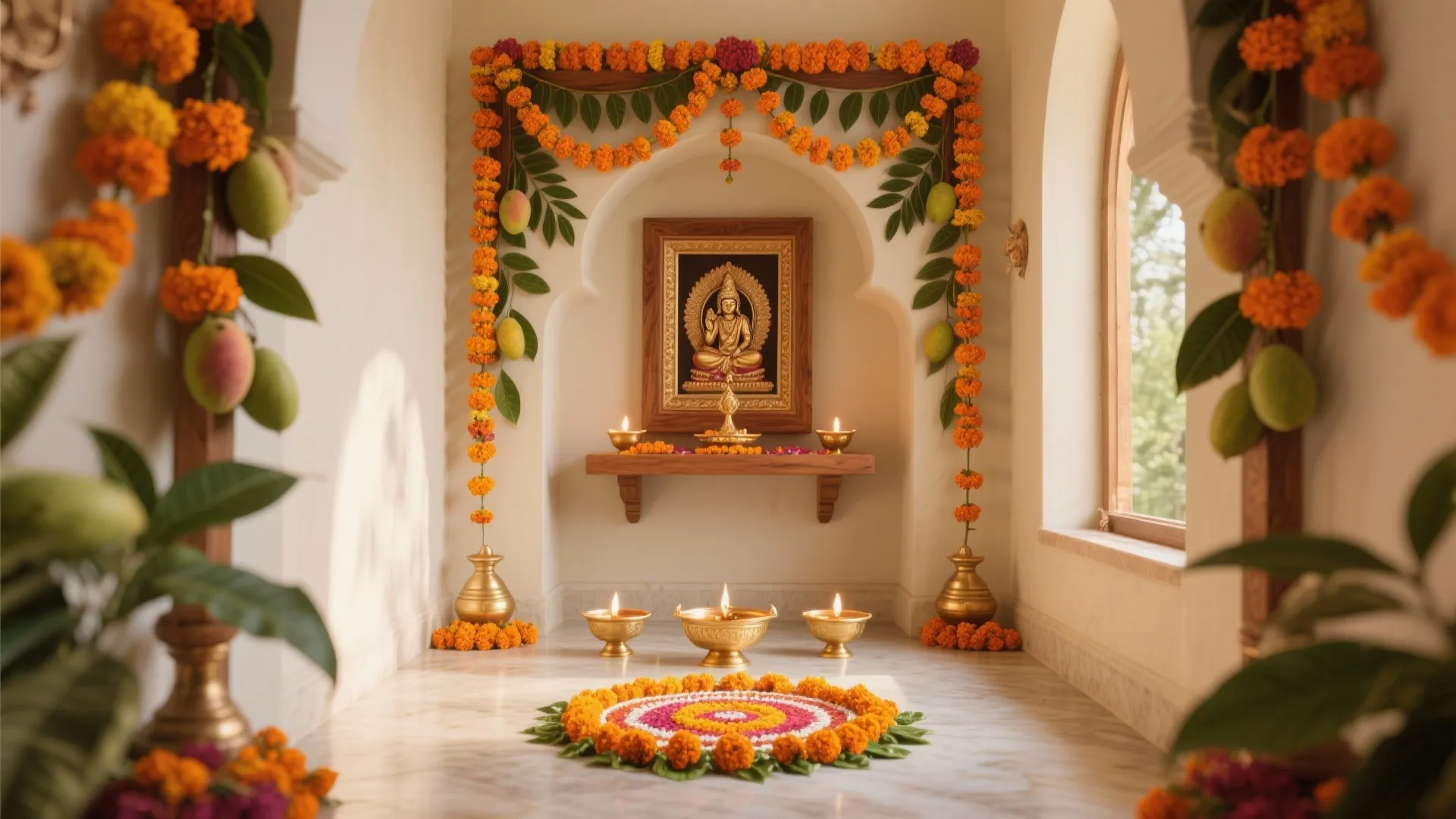 Marigold Torans and Floral Rangoli Layering