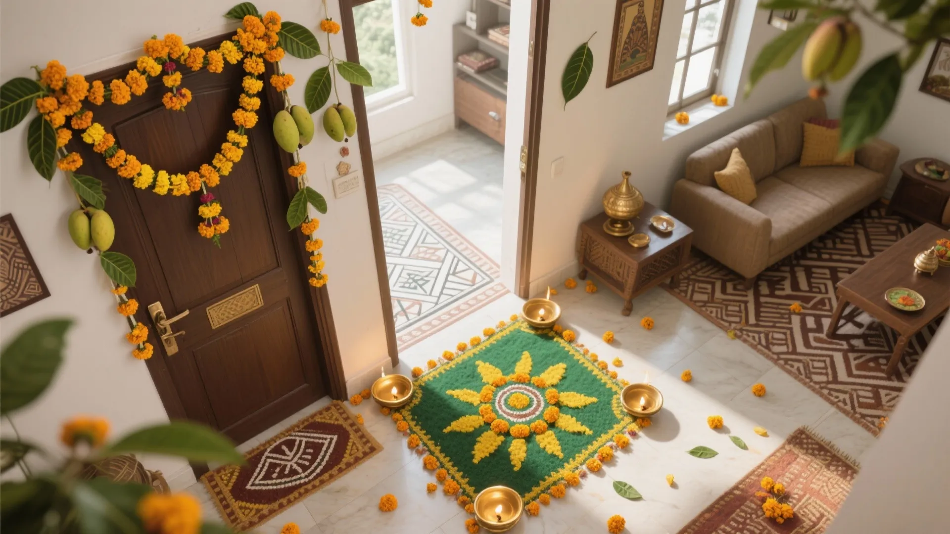 Indian home entrance decorated with yellow flower garlands mango leaves floor art and small lamps
