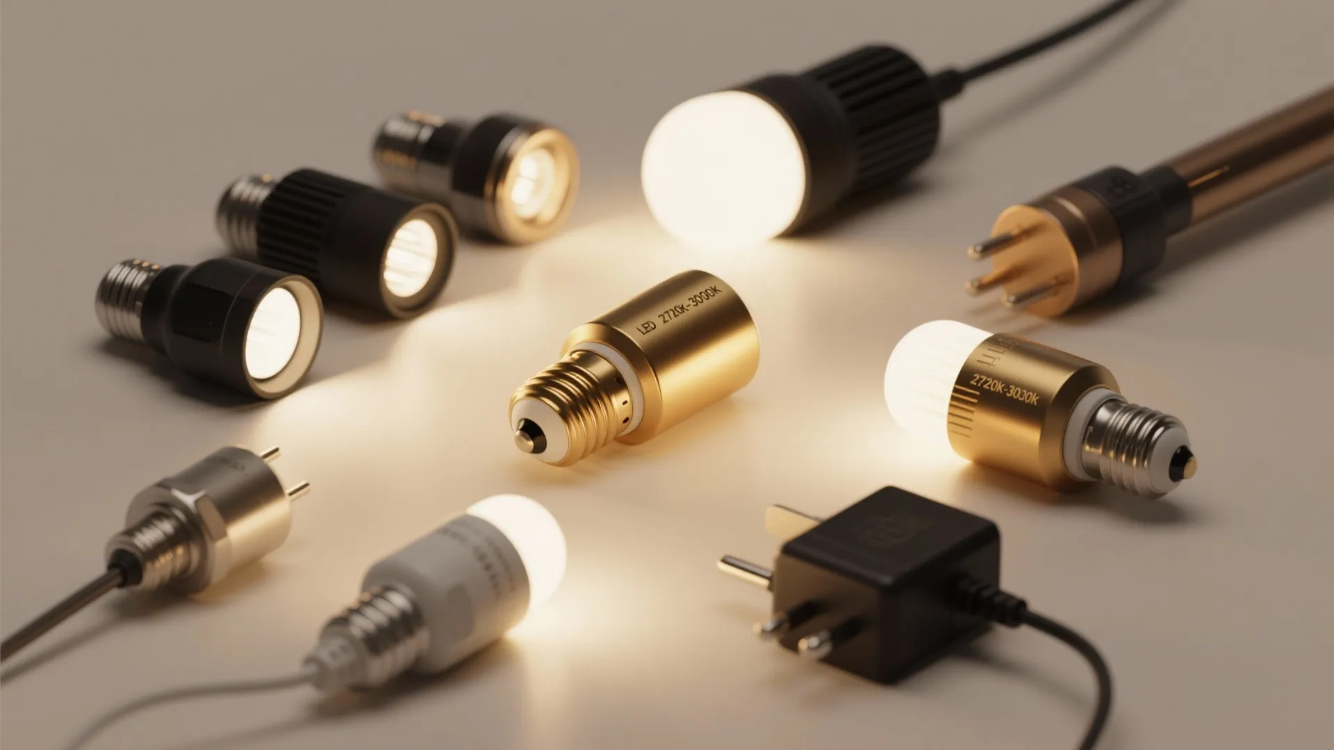 Selection of torch light bulbs and finishes including warm LEDs, matte black and brass samples