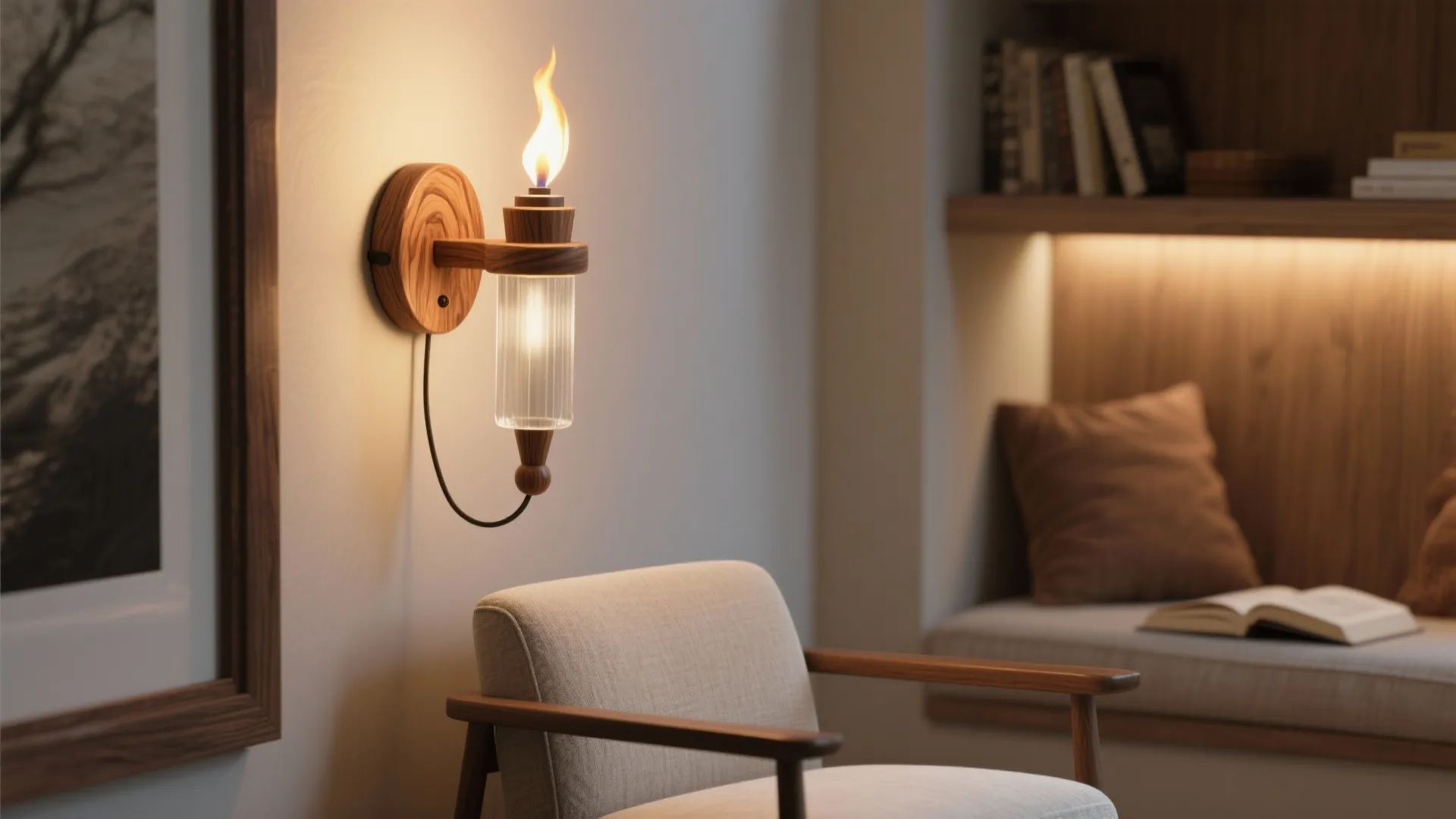 Torch-inspired wall lamp with faux-wood bracket and frosted diffuser beside a reading chair