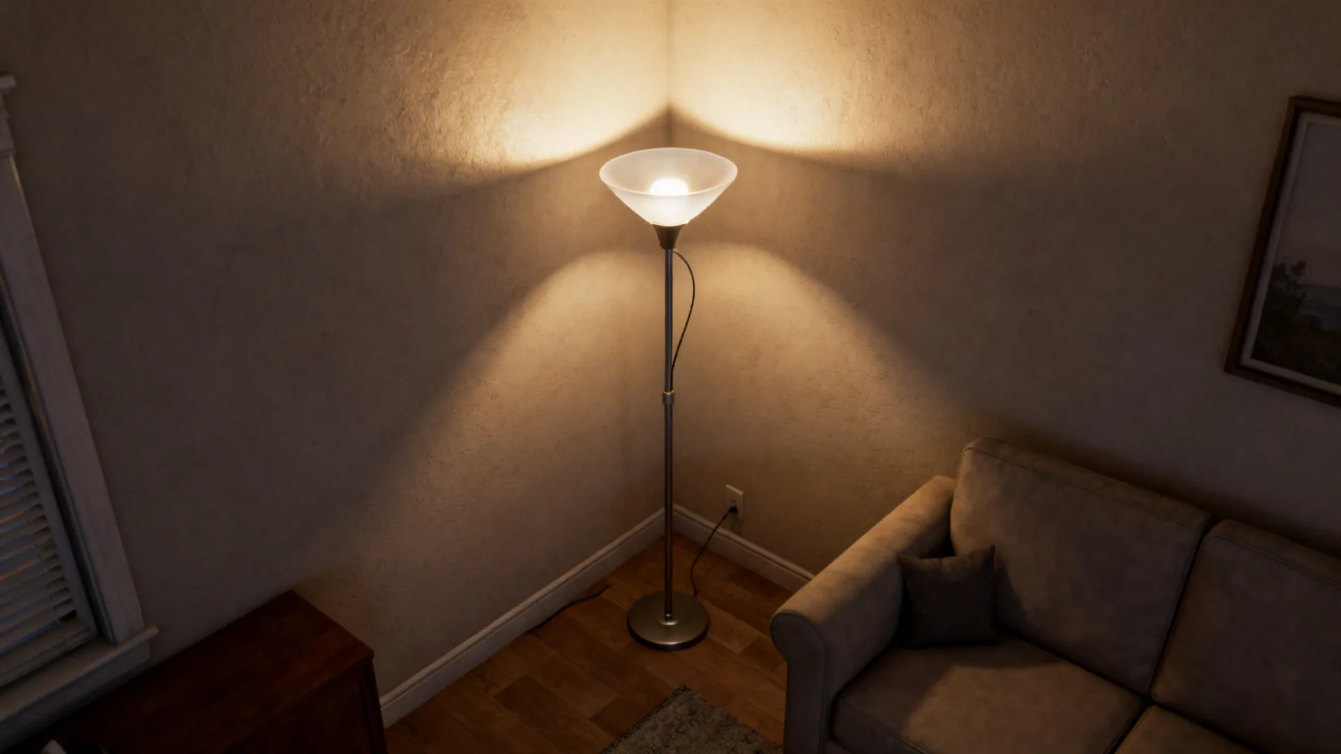 Adjustable torchiere lamp directing light to the ceiling, visually increasing perceived room height.
