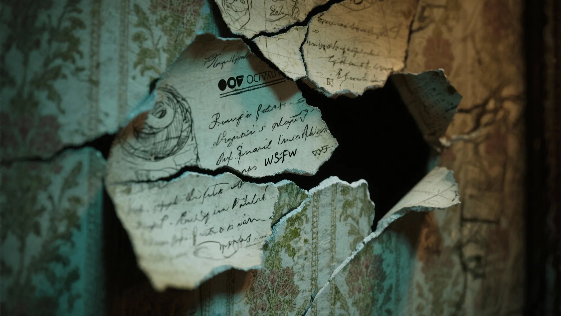 Torn floral wall panel revealing old handwritten notes and letters hidden behind the damaged surface
