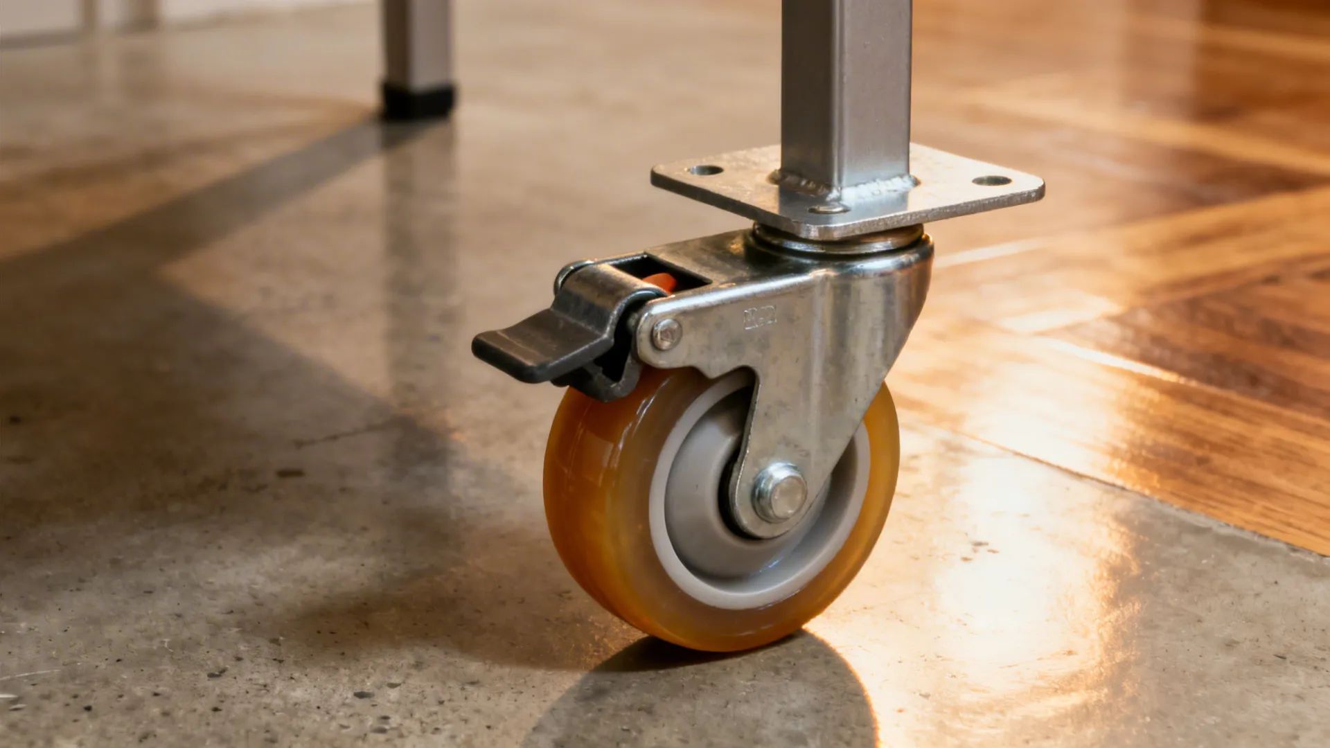 Close-up of a heavy-duty total-lock caster mounted to a table leg.