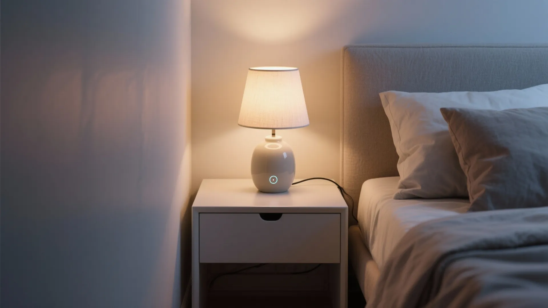 3) Touch-control ceramic lamp on narrow nightstands