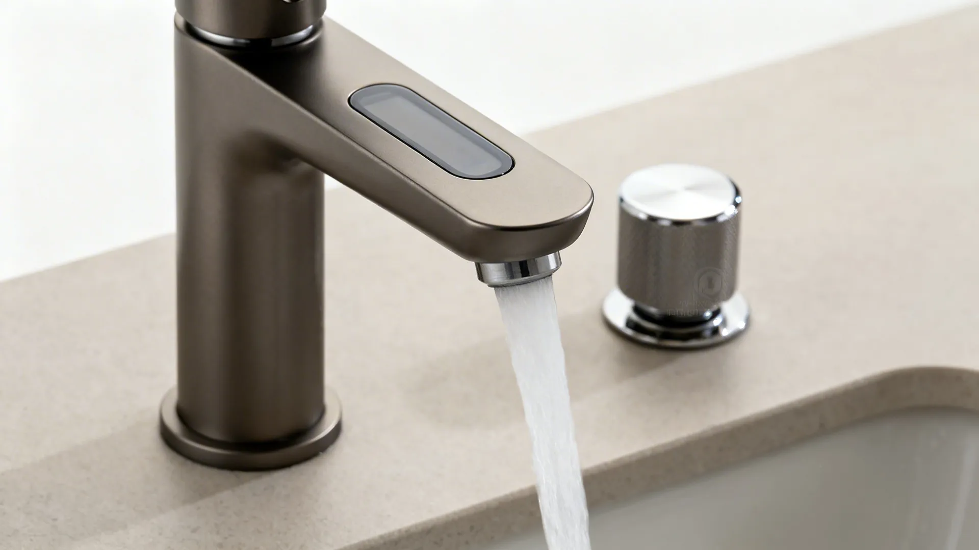 Smart kitchen faucet with digital touch panel and flowing water on a light stone countertop