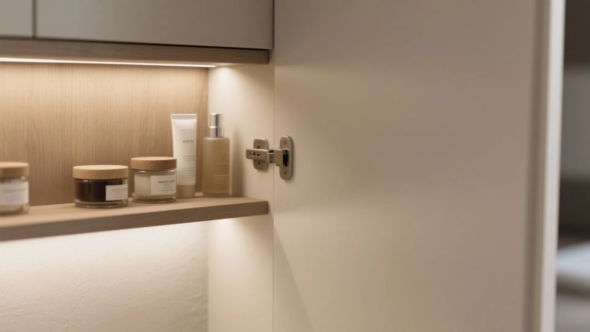 1) Minimalist storage wall behind the vanity