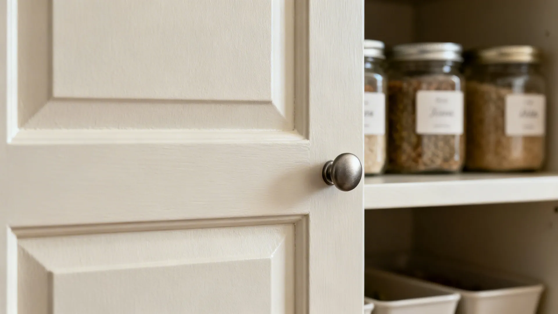 Close up of a white cabinet door with silver knob showing glass jars on the shelves