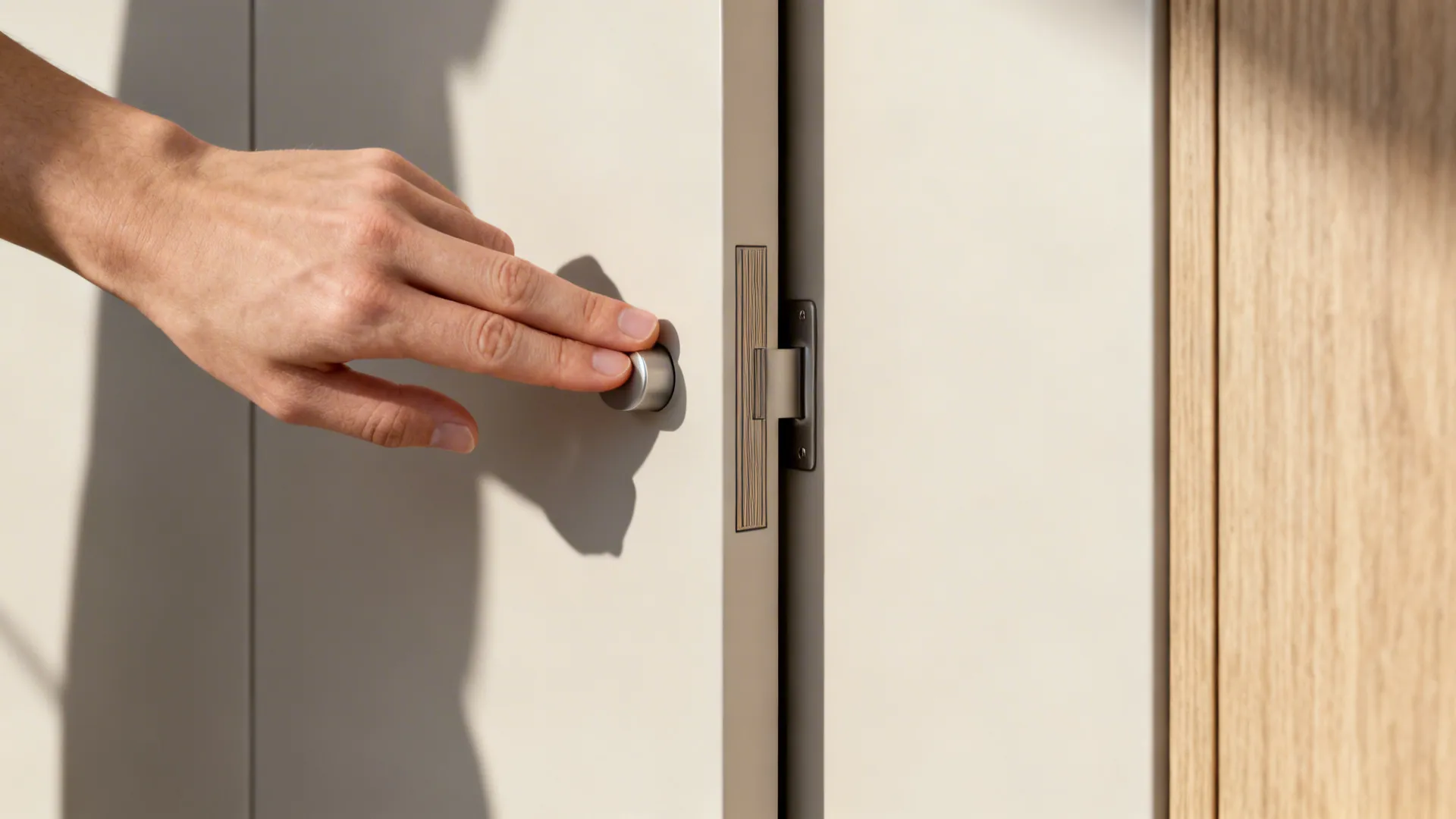 Macro of a matte handleless kitchen door with touch-latch and fine edge-banding in warm neutrals.