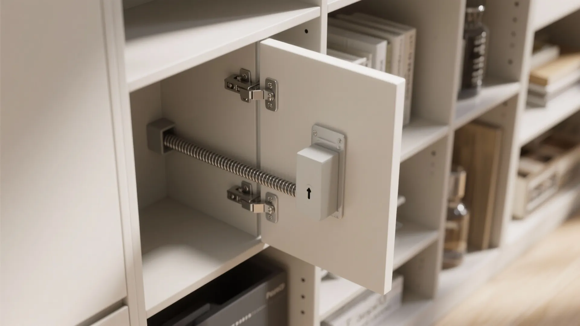 Modern white bookshelf with an open cabinet door showing a spring loaded touch opening hardware tool