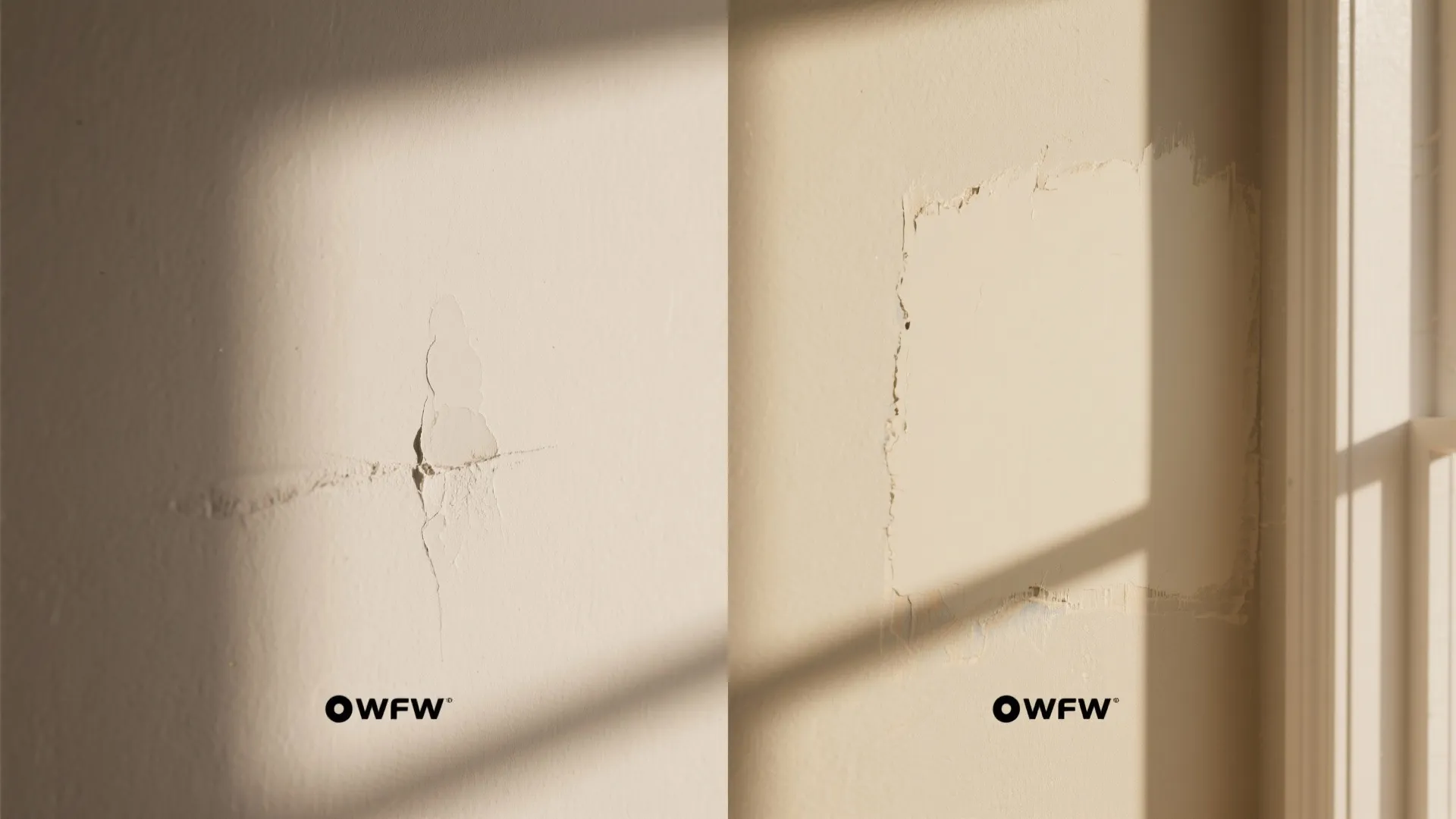 Before and after comparison of a cracked wall and a repaired wall with white wall filler