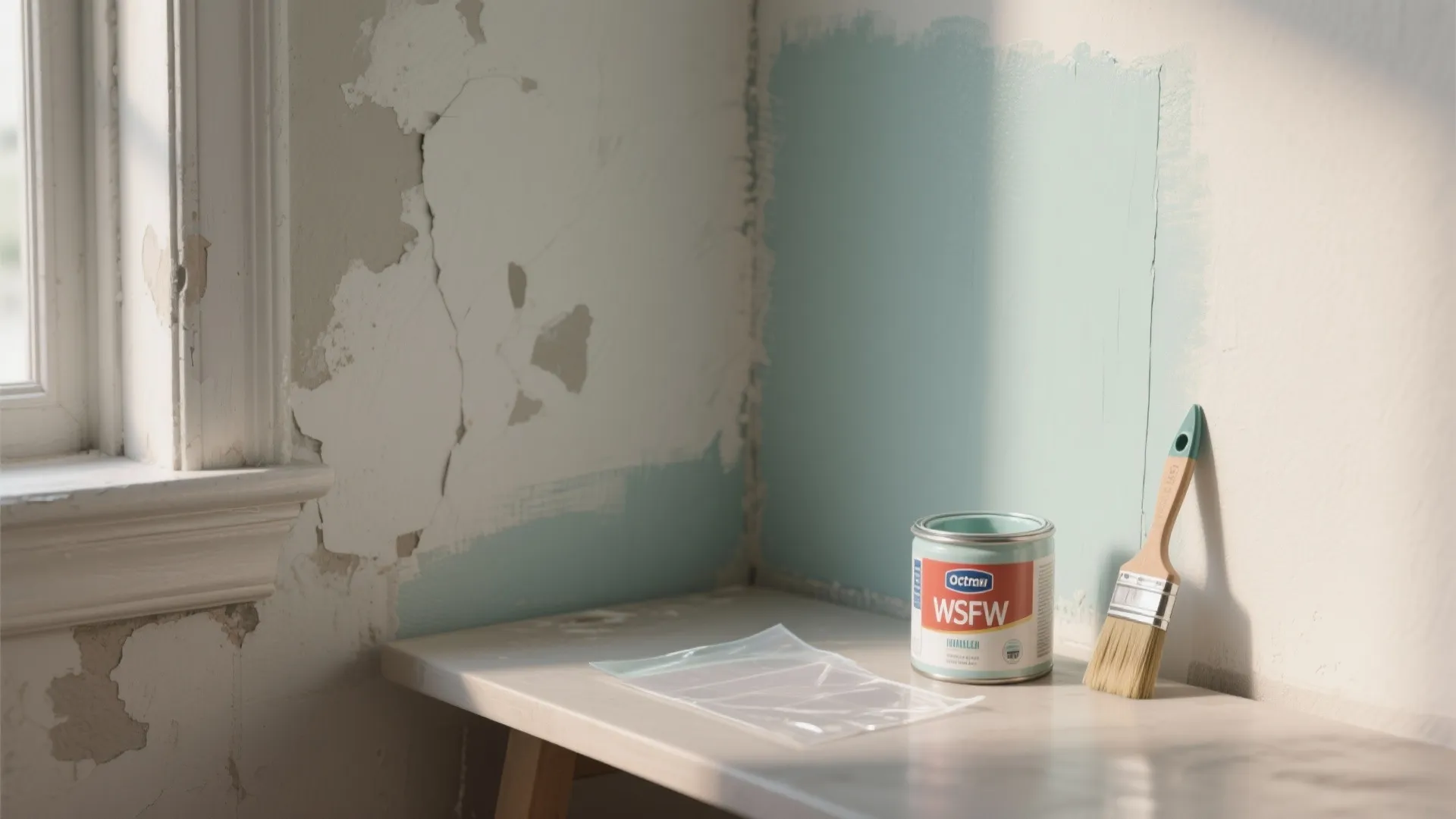 Wall repair comparison showing damaged peeling paint next to a fresh blue paint patch and brush