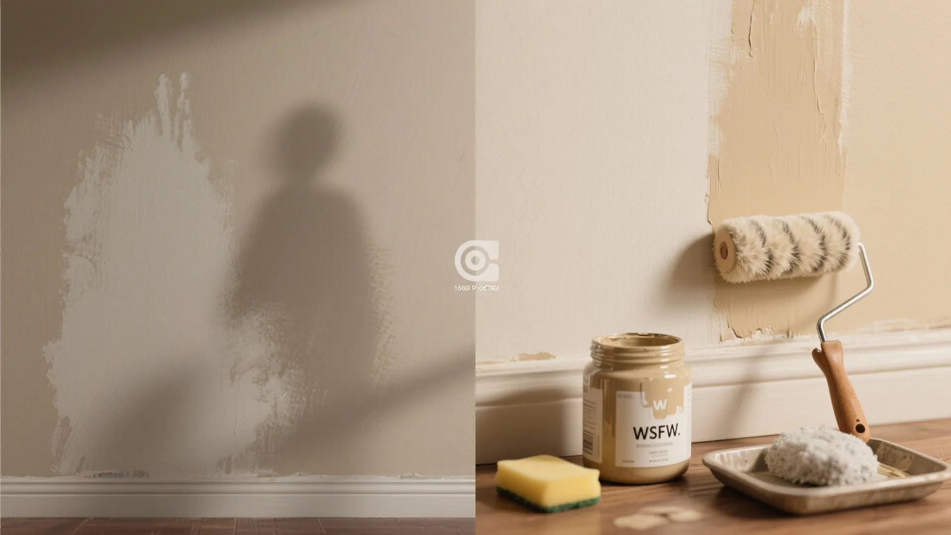 Before and after split screen showing wall paint touch up with paint roller and jar